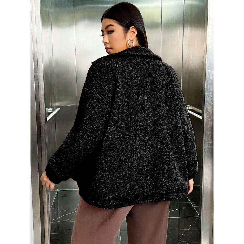 European American cross-border plus size autumn and winter new lapel pocket zipper versatile fleece jacket