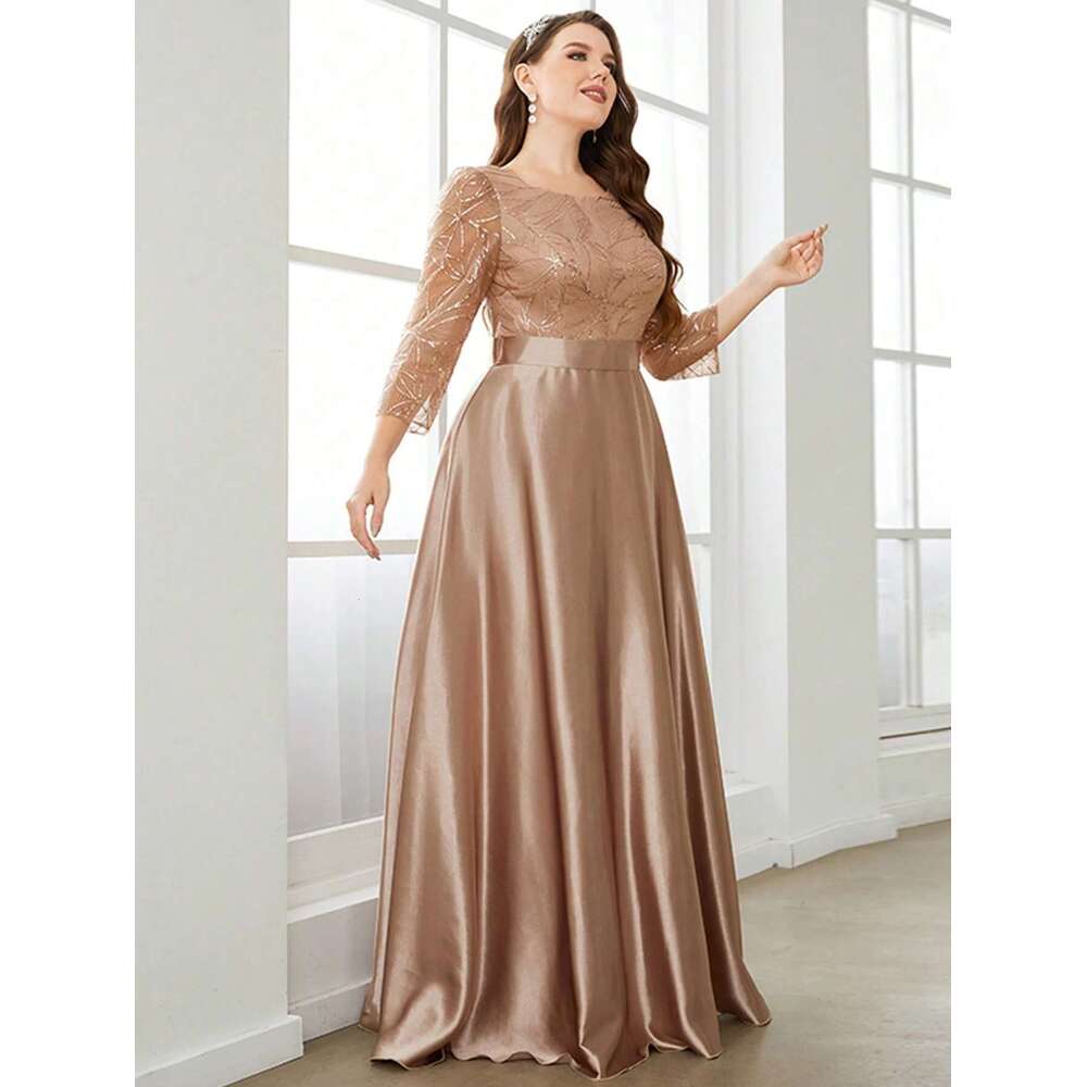 Mgiacy Crew neck sleeve sequin patchwork satin long gown ball Party Bridesmaid dress