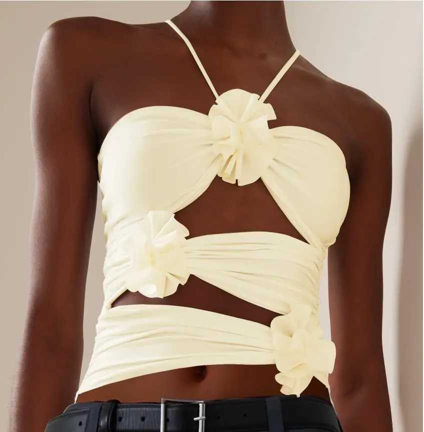 Chic 3D Floral Strap Crop Tops for Women Sleeveless Bodycon Cut Out Halter Camisole Y2k Fitted Bustier Corset Top M250513