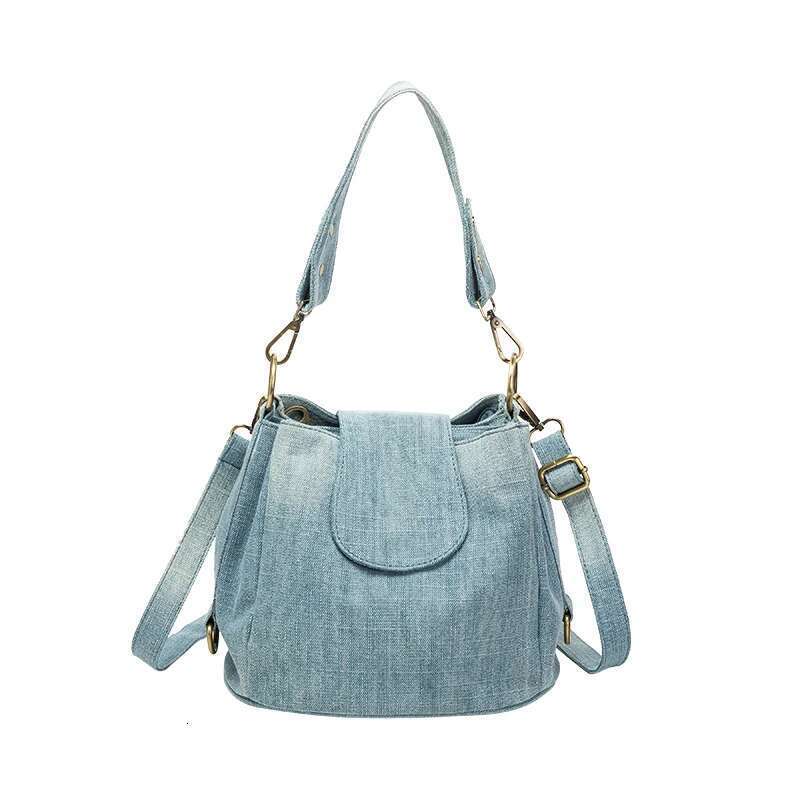 Casual Denim Women Bucket Shoulder Multiple Pockets Ladies Handbag Design Female Totes Blue Travel Crossbody Bag