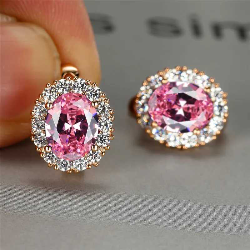 Dainty Bridal Crystal Oval Trendy Female Red Zircon Stone Earrings Vintage Rose Gold Color Wedding Jewelry For Women Y250510