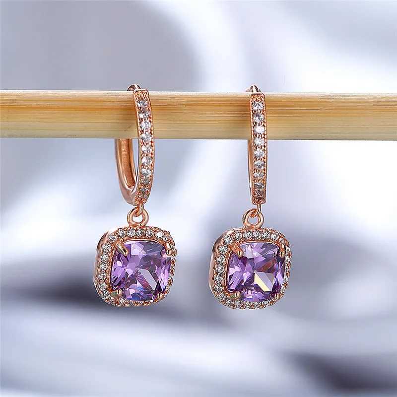 Dainty Female Rainbow Crystal Drop Earrings Rose Gold Silver Color Hoop Earrings Charm Bridal Square Wedding Earrings For Women Y250510