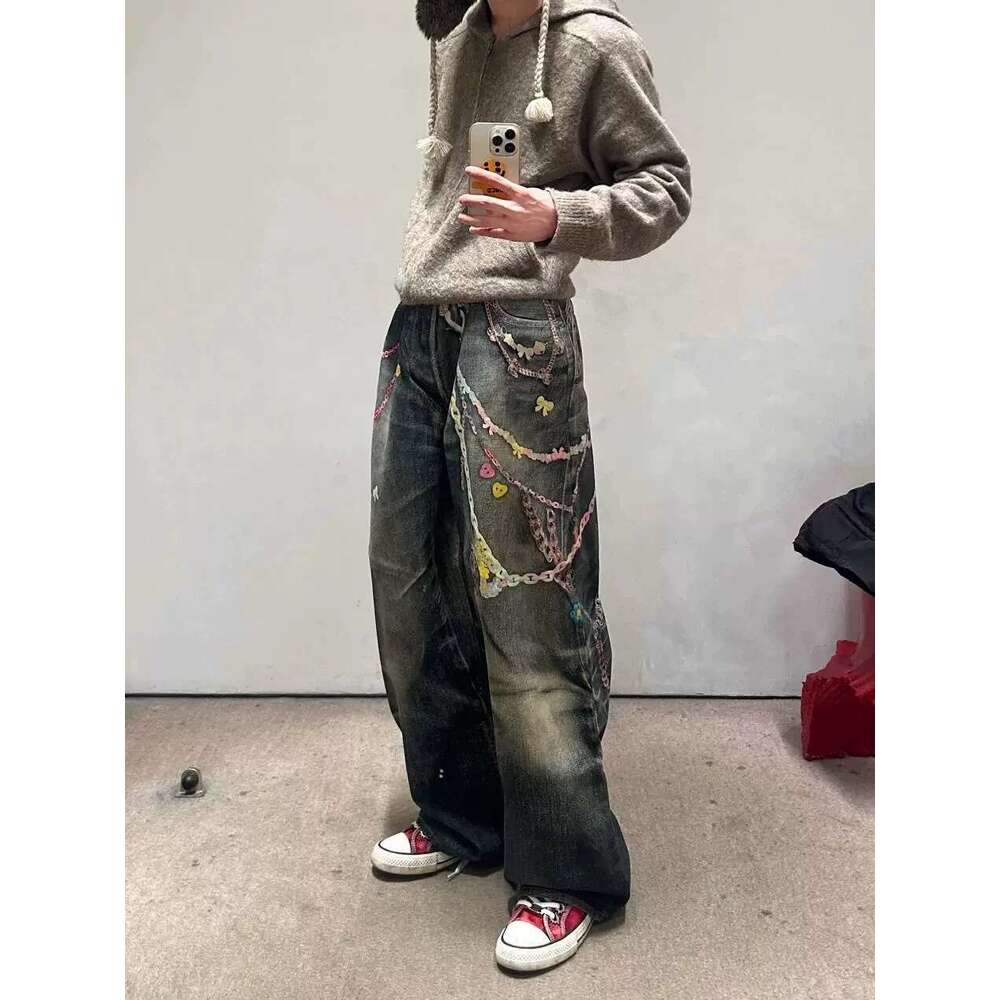 Jimo AC Spring New 3D Digital Printing Color Chain American Jeans Men and Women Same Style Curved Knife Pants