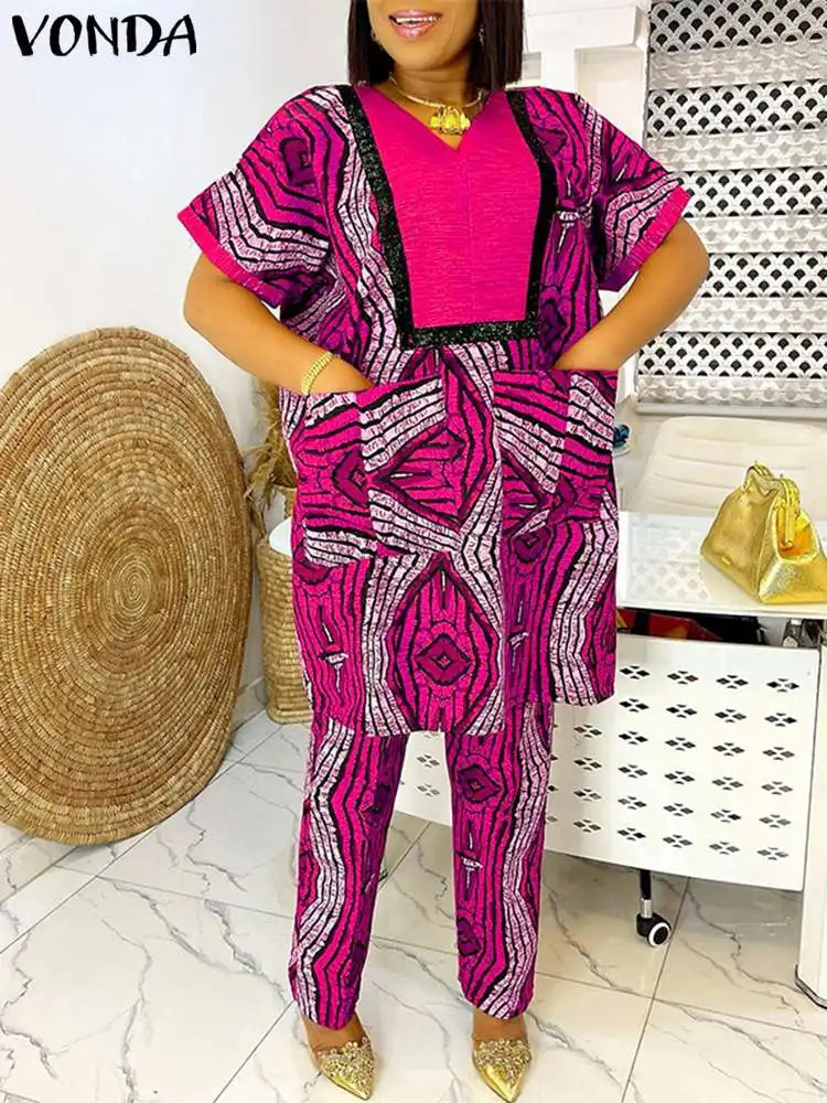 Size 5XL Womens Summer Printed Casual Pants Set VONDA 2024 Retro Short Sleeve Top Loose Two Piece 250427