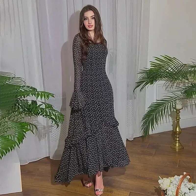 Eid Muslim Party Women Polka Dot Ramadan Chiffon Long Dress Belt Morocco Kaftan Vestidos Largos Dubai Robe Jalabiya
