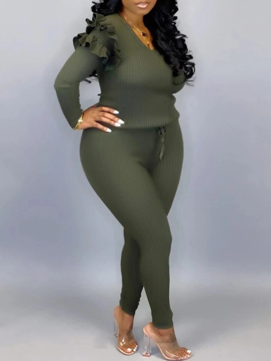 4XL 5XL LW Plus Size Trendy V Neck Striped Yellow Twopiece Pants Set Spring Women Basic Plain Ruffles Female Matching Suit 250506