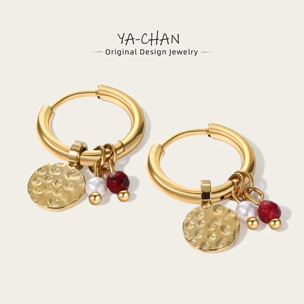 YACHAN 18K Gold Plated Stainless Steel Hoop Earrings for Women Tap Texture Metal Pearl Charms Earring Trendy Jewelry Gift Y250510