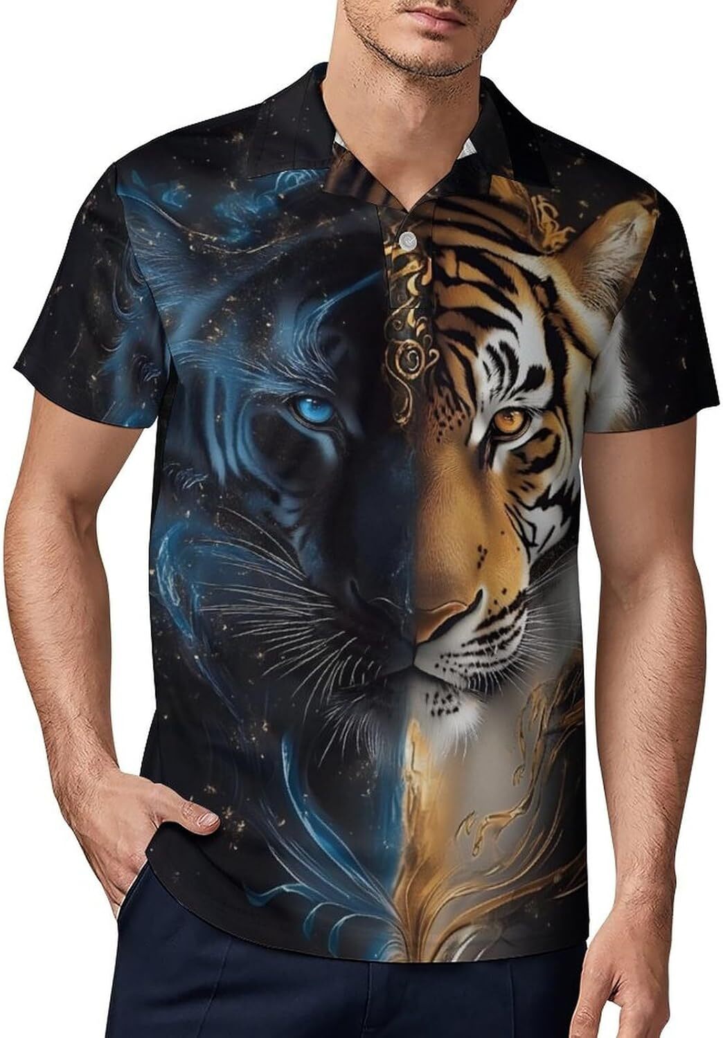 Mens Polo shirt Men Cool Tiger Graphic Printed Short Sleeve Polo Shirts Summer Casual Button Down Golf Polos Shirt