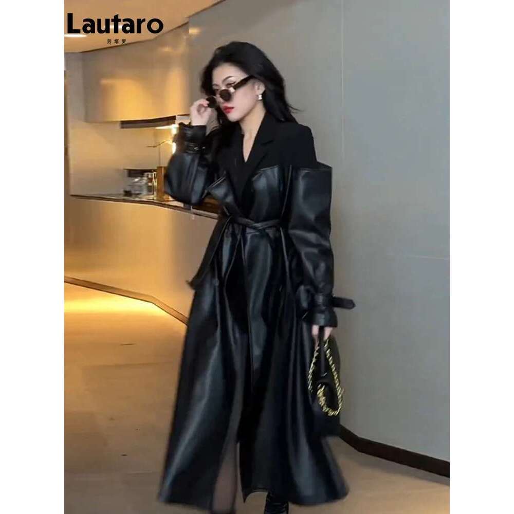 Lautaro Autumn Long Black Patchwork Pu Leather Trench Coat for Women Double Breasted Loose Stylish Designer Clothing 2023