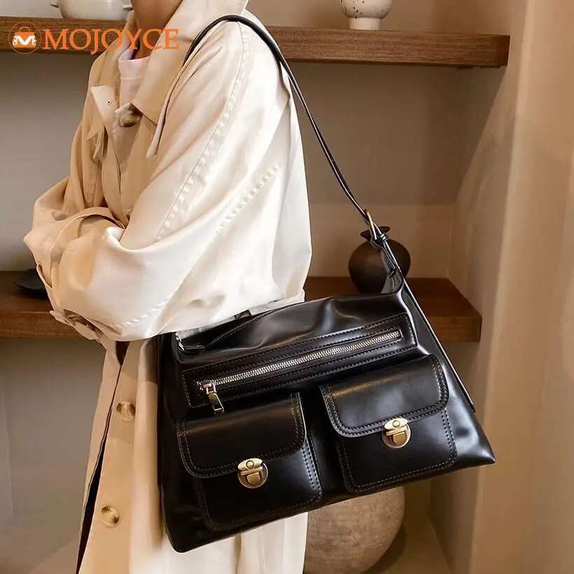 High Quality Ladies Crossbody Women Leather Solid Underarm Bags Winter Vintage Large Shoulder Multi Pocket Messenger Bag
