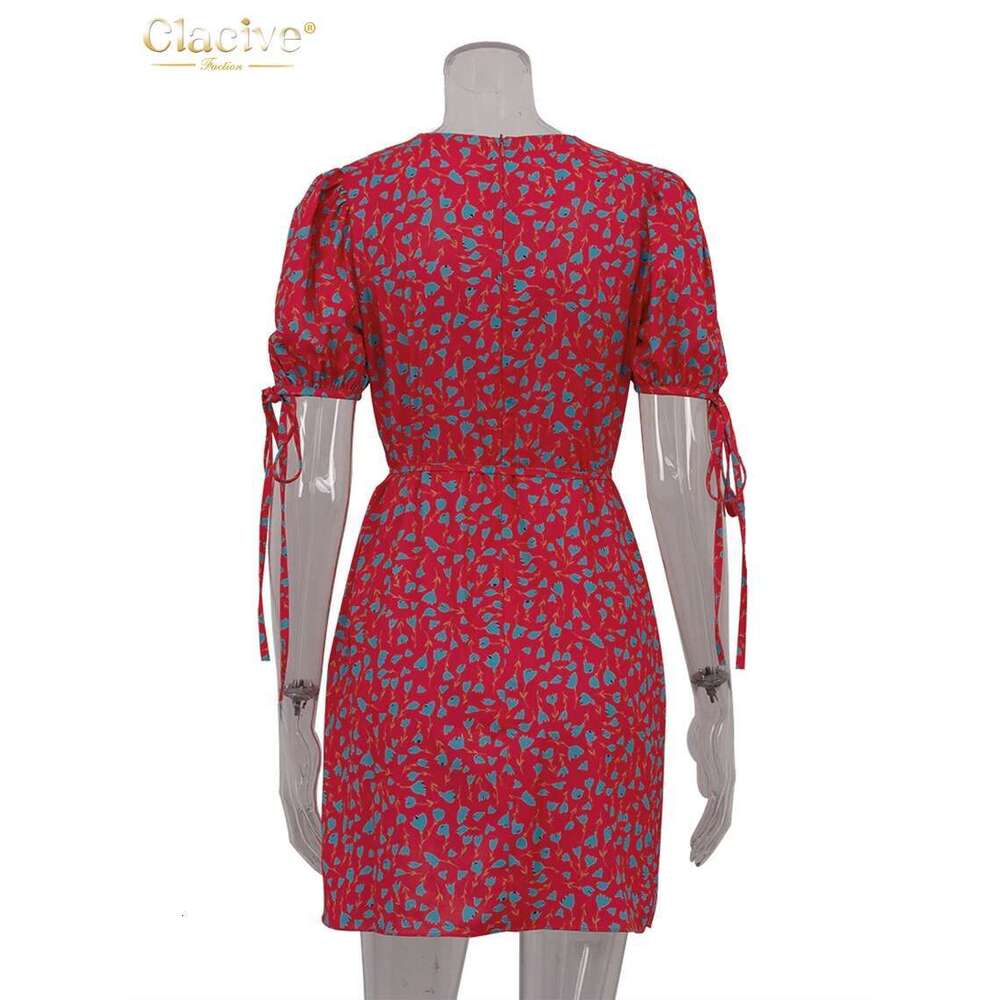 Clacive Summer Loose Print Women's Fashion O-Neck Short Sleeve Mini Dresses Elegant Classic Lace-Up Female Dress