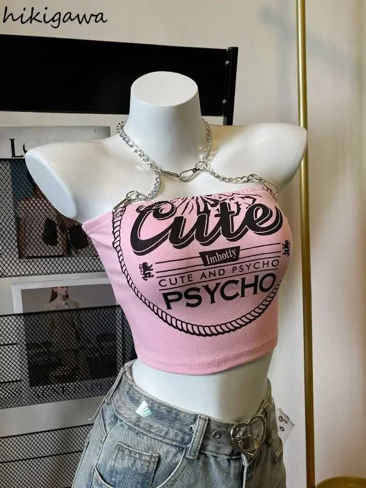 Crop Tops Fashion Summer Tanks Women Clothing Sweet Pink Letter Backless Tunic Shirt Harajuku Chain Sexy Y2k Vest Womens Clothing M250513