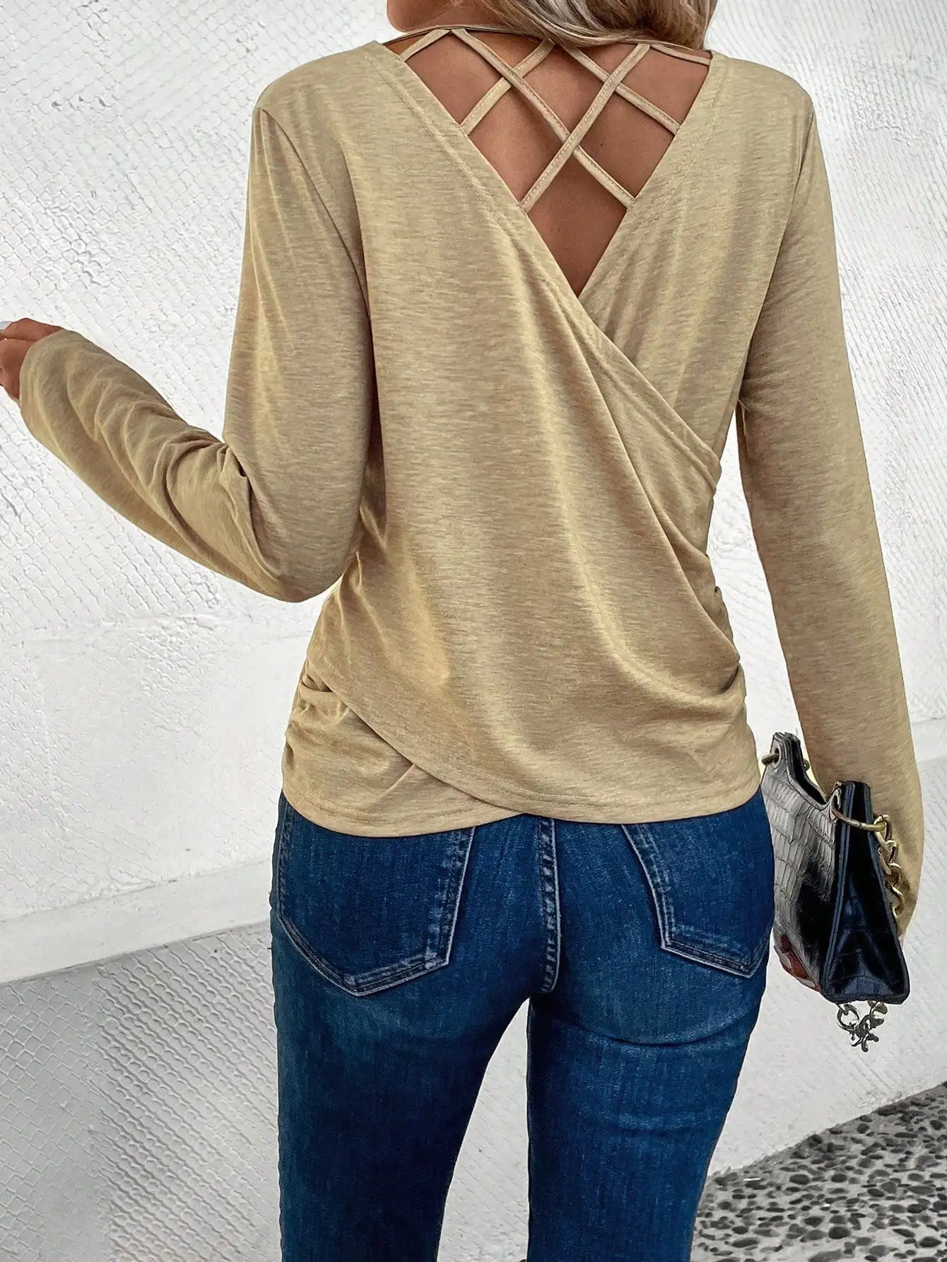 Elegant fashion womens Tshirt Small round neck long sleeve halter hollow sexy 250513