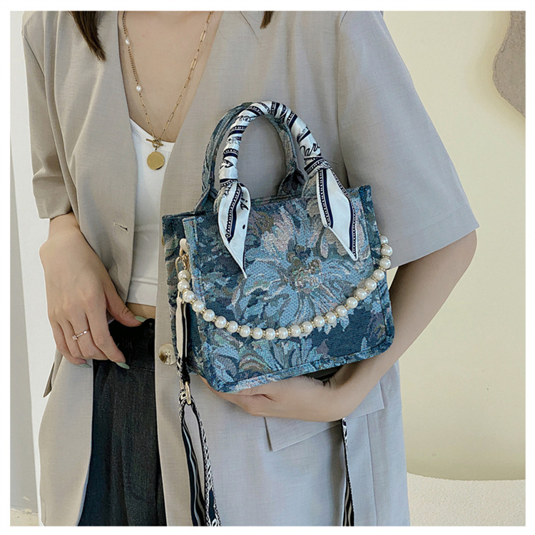 Designer Trendy Pearl Emed Tote Handbag Large Capacity Shoulder Bag Women S With French Floral Print Free Shipping Free shipping