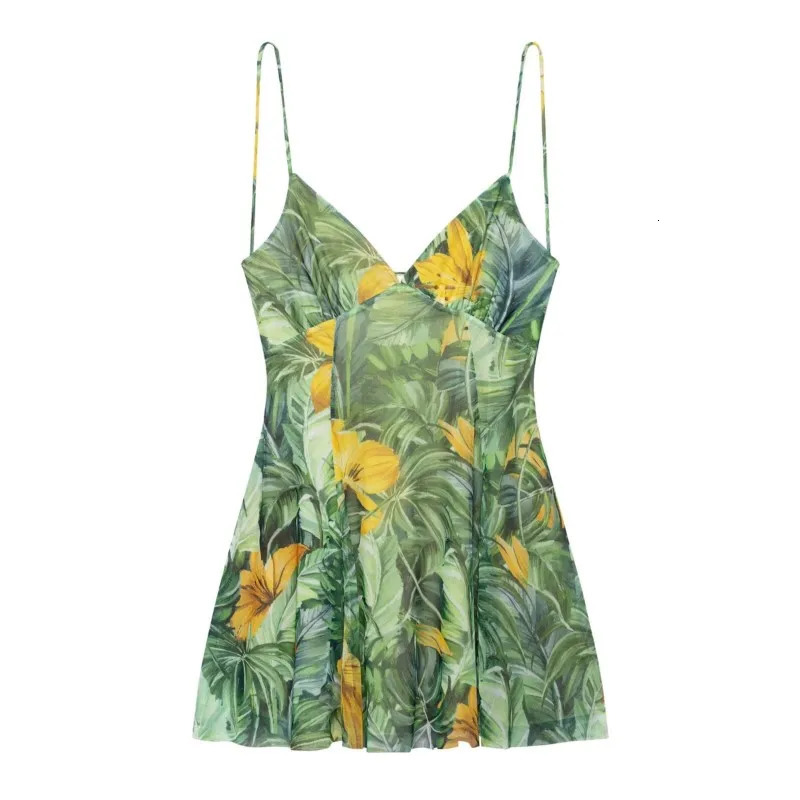 HipSeam Women Print Short Dress Spring Casual Spaghetti Strap Womens Tulle Mini Pleated Backless Female Dresses 250513