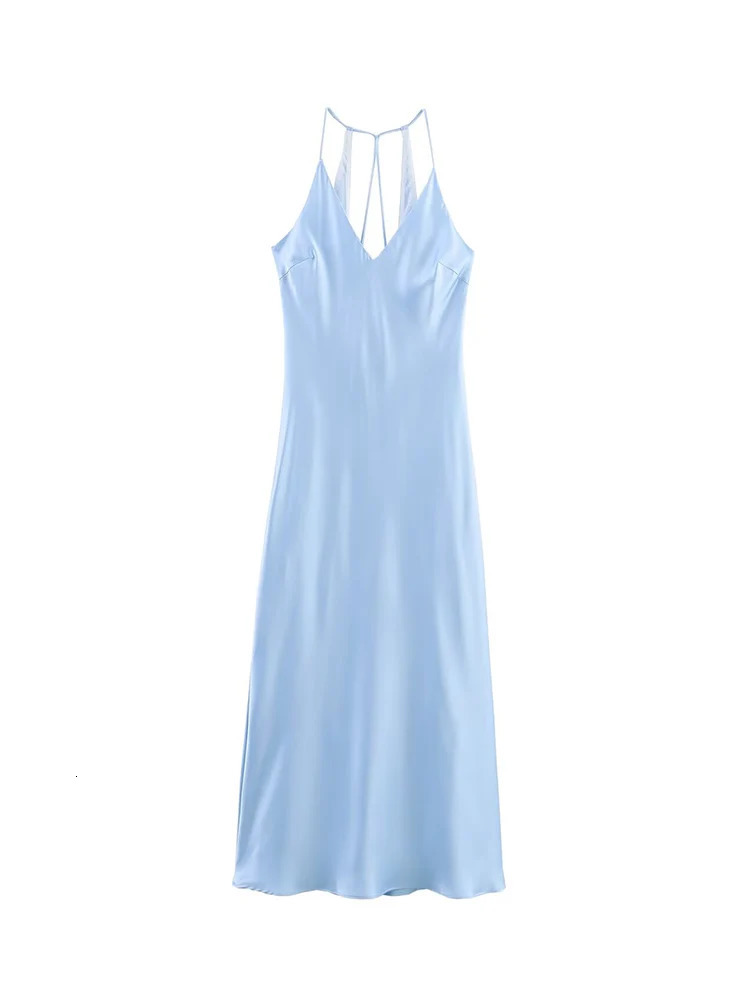 TFMLN Sexy Ladies Sky Blue Long Dress Elegant Slimming Sleeveless Backless Spaghetti Strap Fashion Evening Dresses 250513
