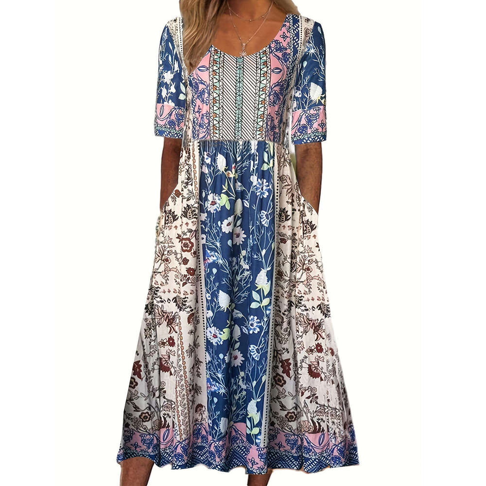 Women Clothes Dress Summer New Round Neck Short Sleeve Long Bohemian Printed Dress Women S KQ