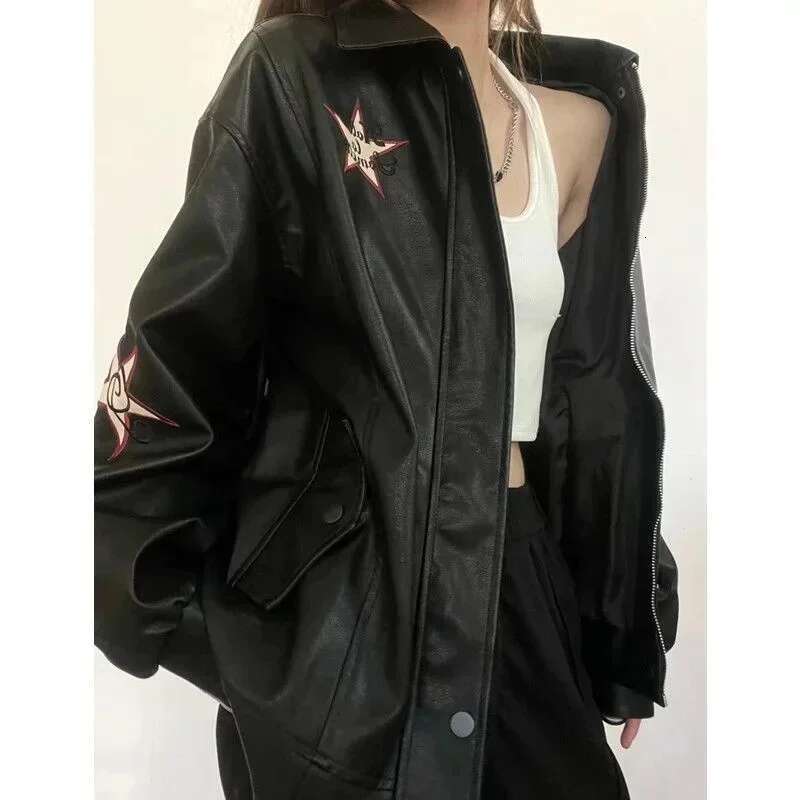 Unisex Star Print PU Leather Retro Jacket Turn Down Collar Zipper Streetwear Outwear Embroidered Oversized Gothic Coat for Women