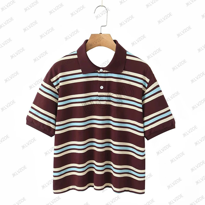 Summer Womens Striped Printed Polo Shirt Short Sleeve Lapel Tees Ladies Clothes Casual Oversized Loose Streetwear Y2K Tops 250513