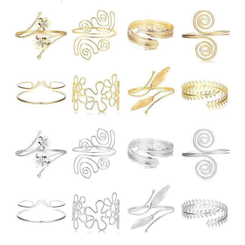 Boho Vintage Gold Sier Color Feather Arm Bracelet Open Armband Cuff Bangle Flower Carving India Women Jewelry