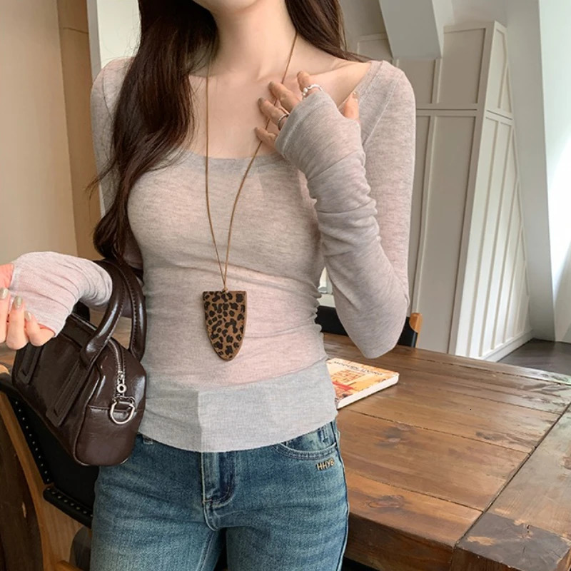 AOSSVIAO High Quality Plain T Shirt Women Elastic Basic Tshirts Female Casual Tops Long Sleeve Sexy Thin Tshirt see through 250513