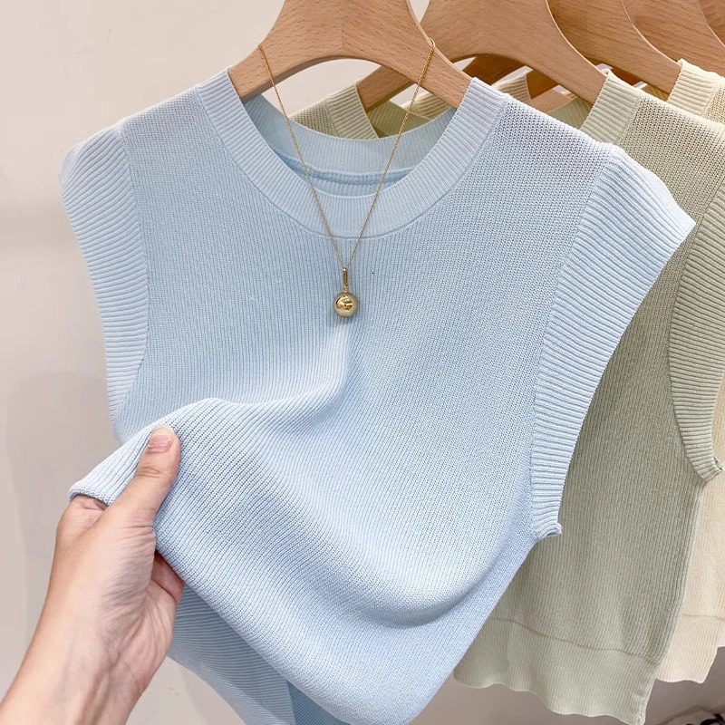Korea Knitted Vests Women Top Solid Tank Blusas Mujer De Moda Summer Fashion Female Sleeveless Casual Thin Tops 250513