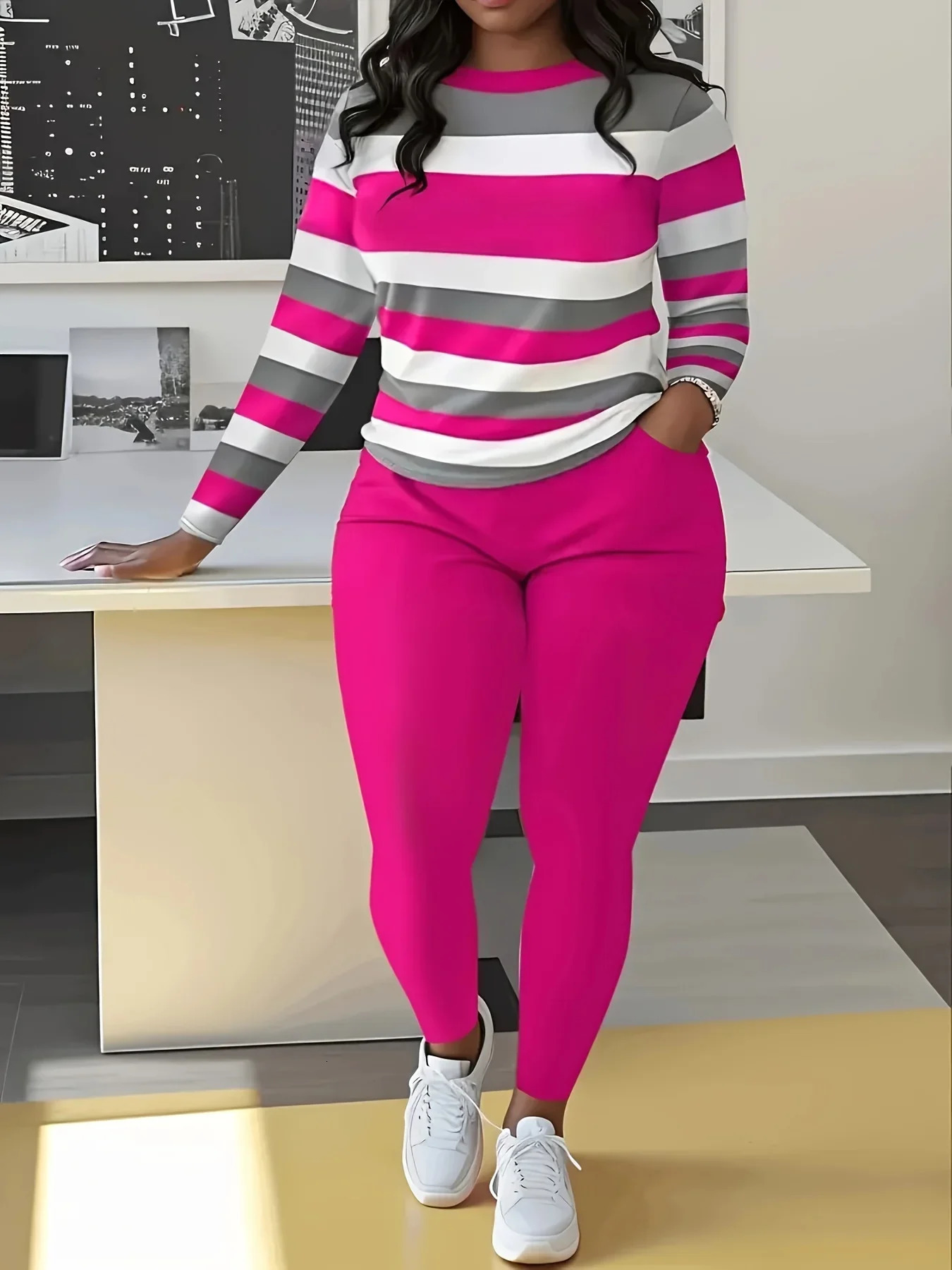 Plus Size Two Piece Sets Colorblock Casual ONeck Long Sleeve Top and Pants Set Womens Clothing Matching 250506