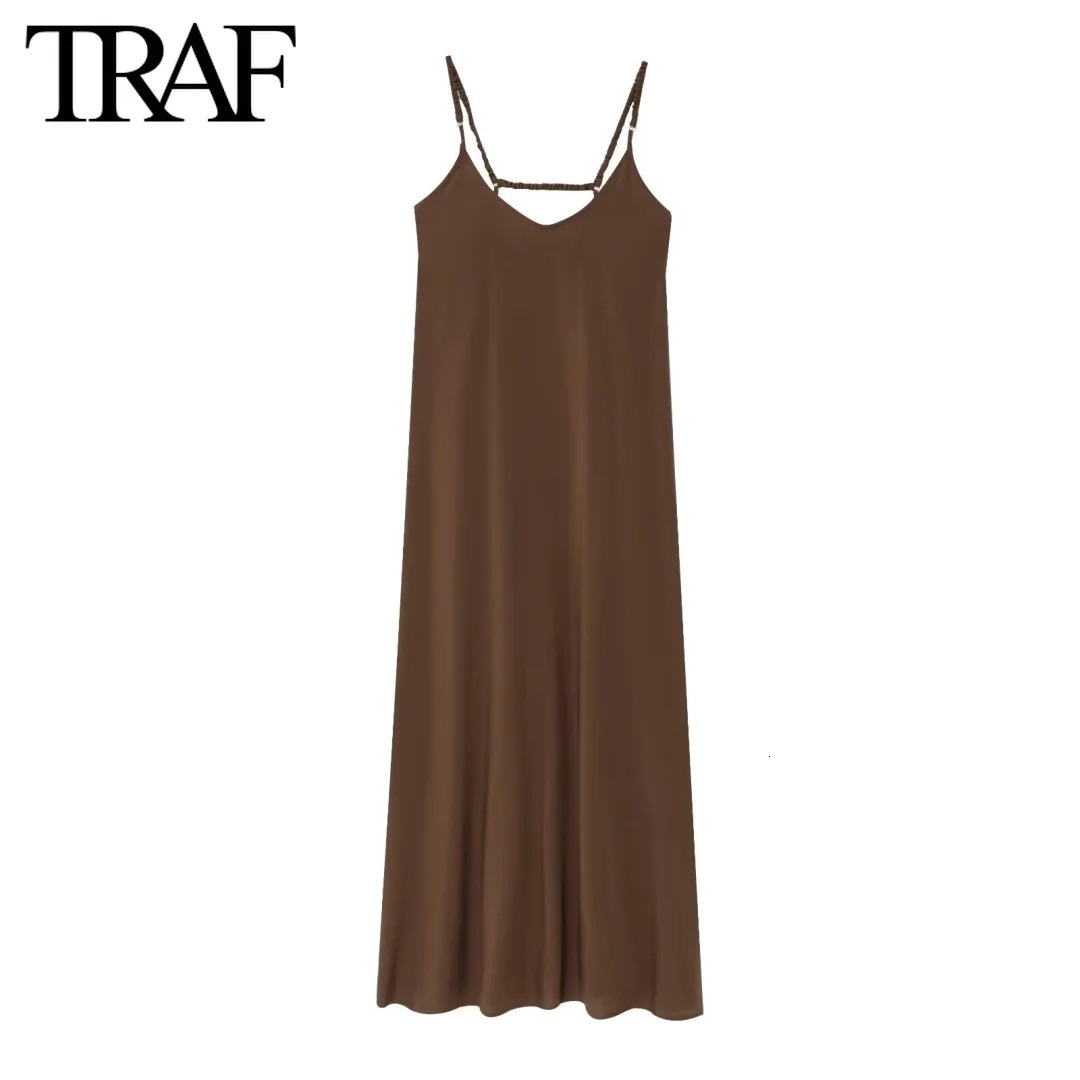TRAF Dress for Women Fashion Summer Solid Fold Backless Sling Sleeveless Midi Dresses Chic Female French Evening 250513