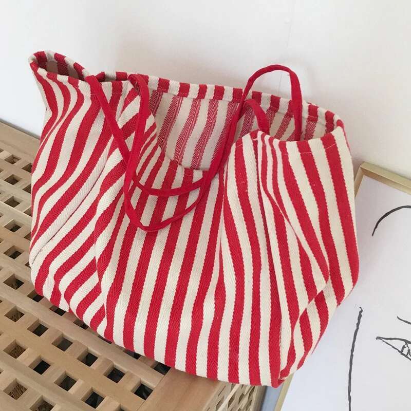 Cotton Canvas Women Big Shoulder Vintage Tote Shopping Bag Extra Large Capacity Handbag Cute Stripe Design Beach Cloth Purse