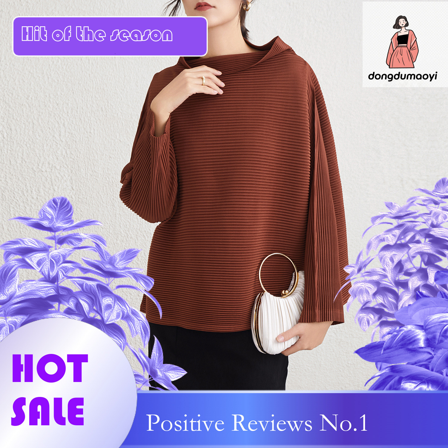 dongdumaoyi Miyake high neck top for women in spring 2025, fashionable plus size slimming long sleeved pleated lazy hoodie