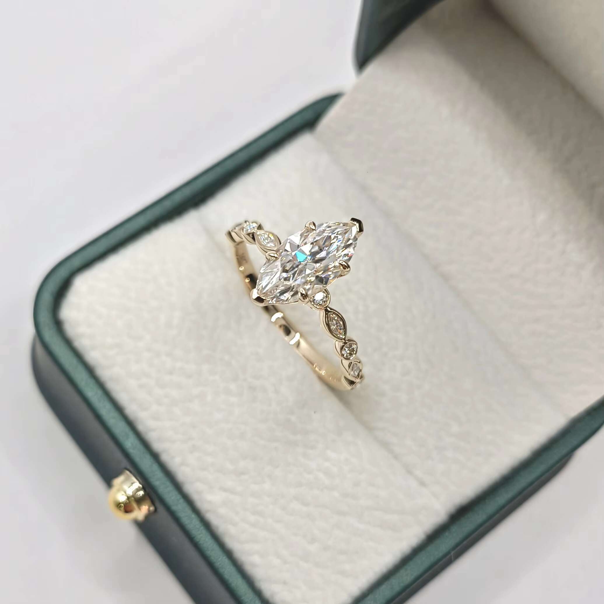 2.0ct Marquise Cut Moissanite 2mm Band High Setting MQ 6.0x12.0mm MQ 3.0x1.5mmx4pcs RD 1.7mmx6pcs US 8.00 14k Gold Rings