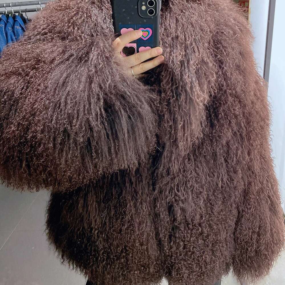 Yoloagain Women's Real Mongolia Dark Brown Sheep Fur Jacket Designer