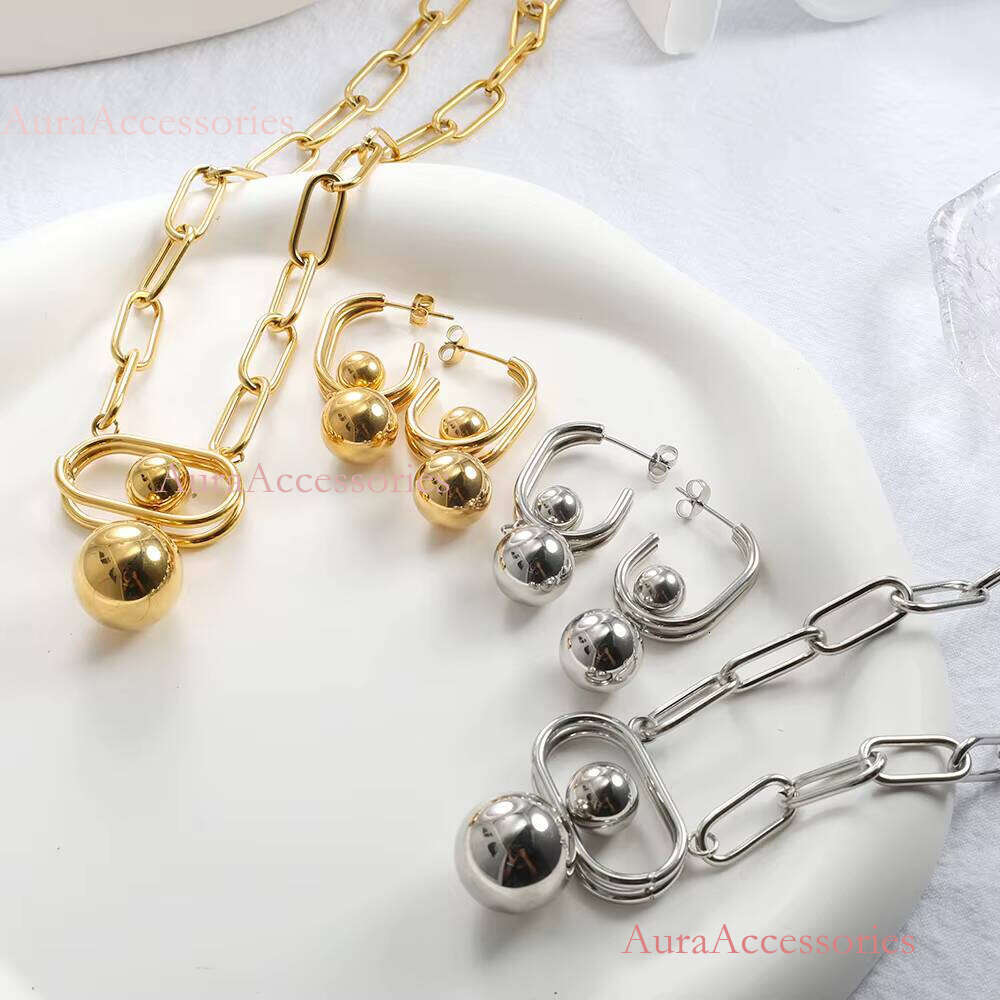 Gold Plated Anxiety Paperclip Chain Waterproof Tarnish Free Stainless Steel Unique Chunky Necklace Earrings