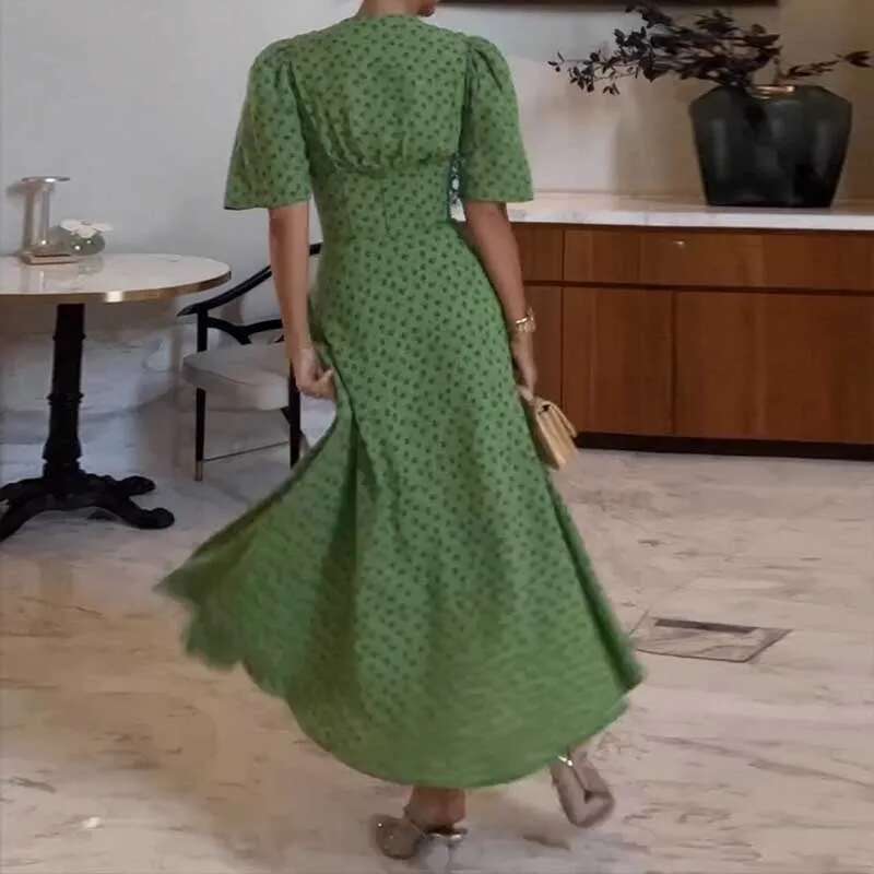 Ellafads Long Women Summer Elegant Short Sleeve Printed V Neck Nipped Waist Slit Casual Holiday Dresses Streetwear
