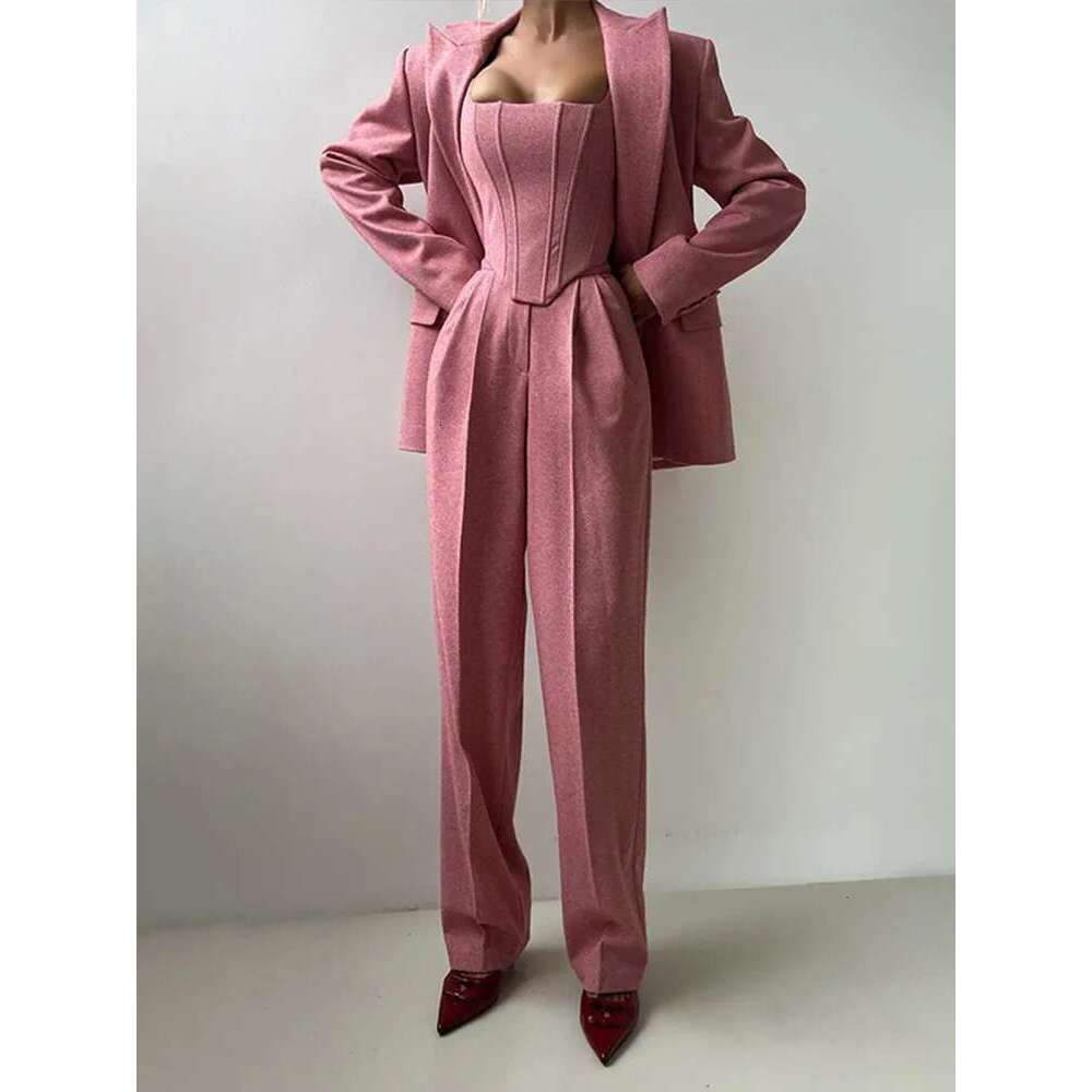 Casual Solid Women's Blazer Coats Pants 3 Pieces Sets Elegant Long Sleeve Coat Fishbone Top High Waist Wide Trousers Lady Suits