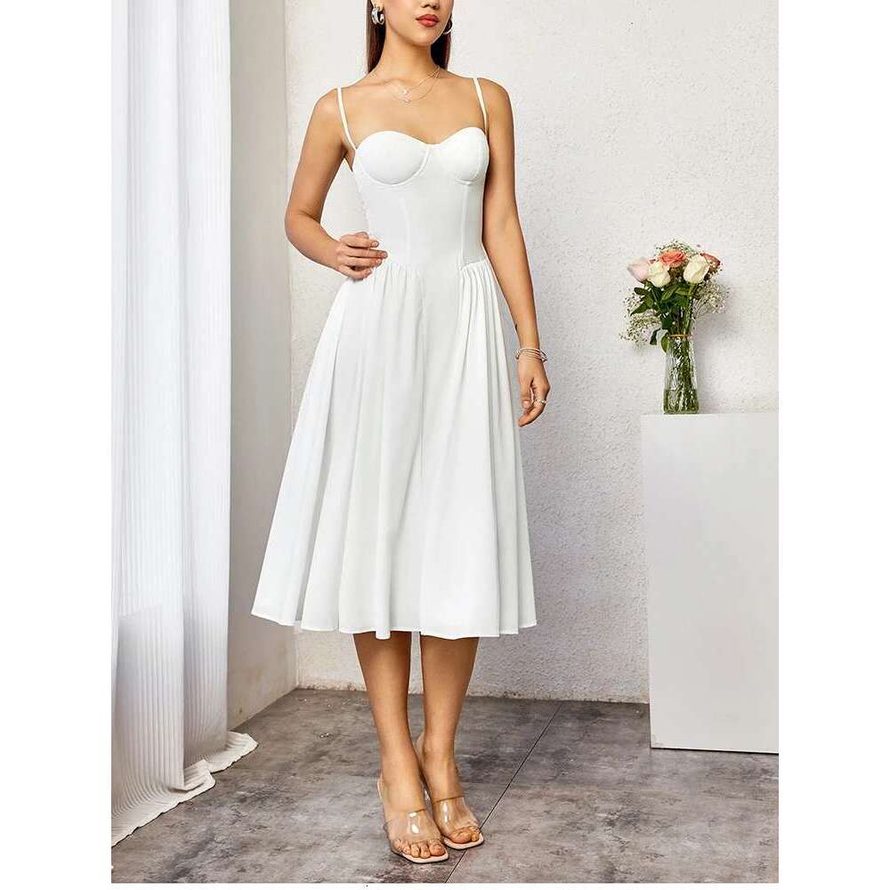 NewAsia Women's Adjustable Straps Backless Midi Corset Dress Flowy Fishbone A-Line Going Out Casual Long Dresses White
