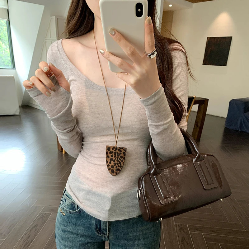 AOSSVIAO High Quality Plain T Shirt Women Elastic Basic Tshirts Female Casual Tops Long Sleeve Sexy Thin Tshirt see through 250513