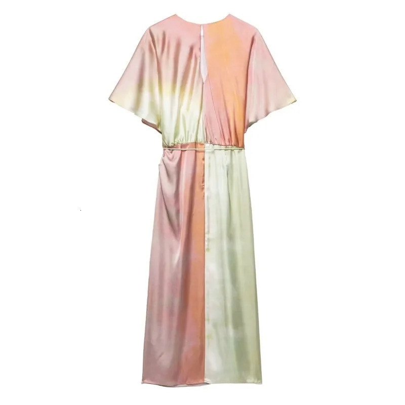 HipSeam Women Tie Dye Long Dress With Belt Spring Printed Short Sleeve O Neck Dresses Elegant Chic Party 250513