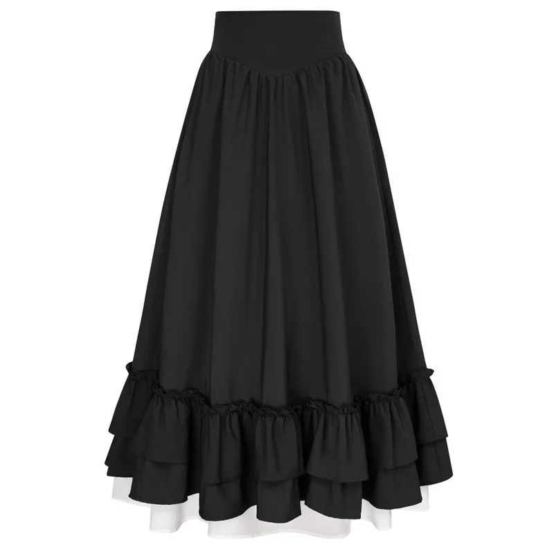 Casual Dual Layer Skirt Button Renaissance Costume Women Back Double Ruffle Long Shirring Waist Elastic Band Maxi Length 250513