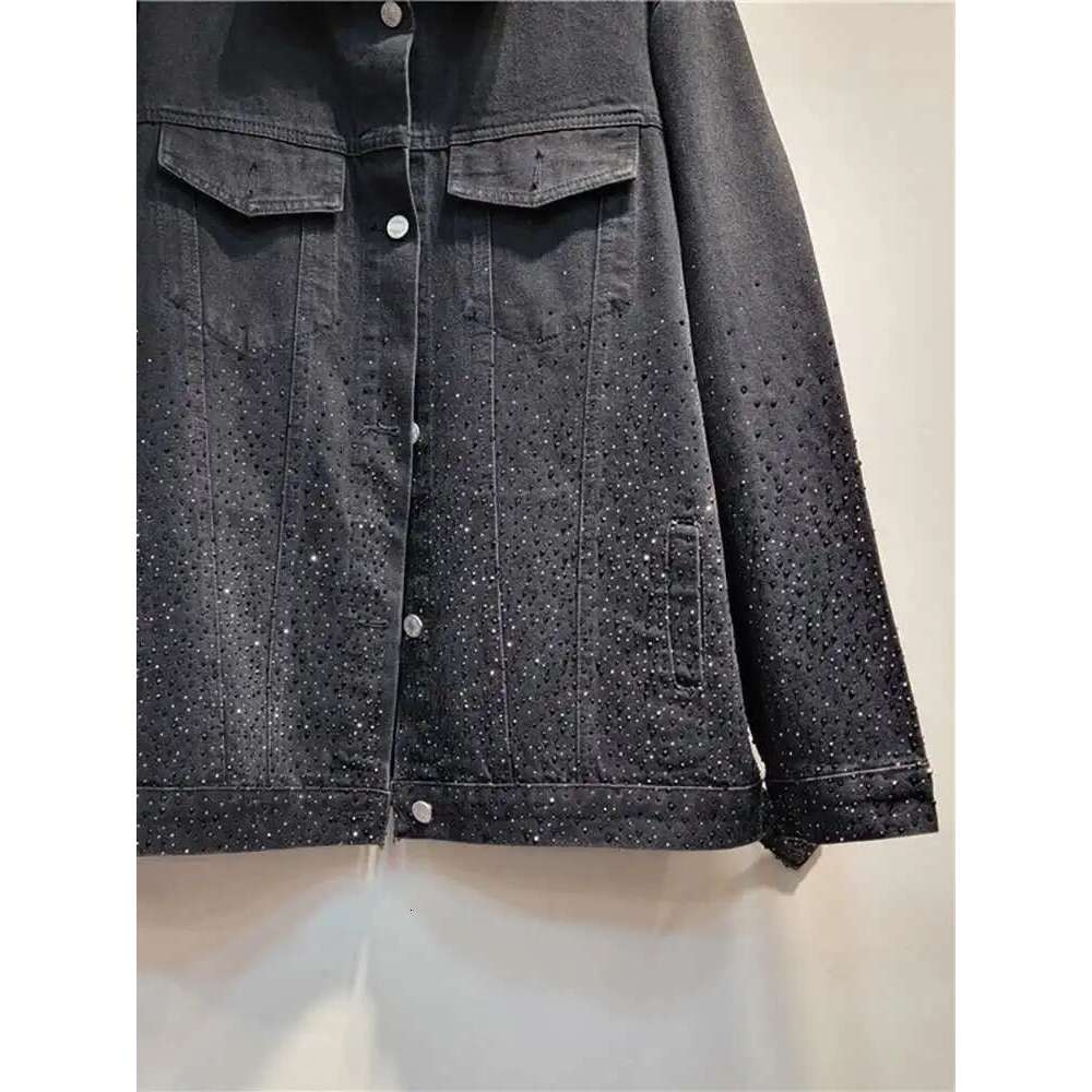 DEAT Women Denim Coat Turn-down Collar Full Dias Hot Rhinestone Black Loose Single Breasted Jackets 2025 Summer New Fashion