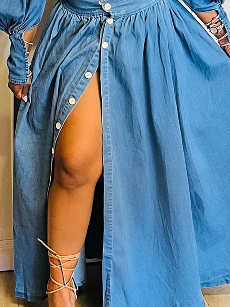 Womens denim twopiece set with plus size split hem elegant puff sleeves at the shoulders elastic top and high waisted bodysuit 250427