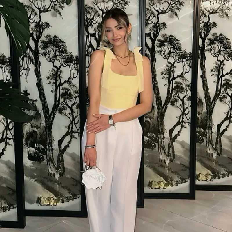 TRAF 2025 Butterfly Crop Tops For Women Summer Sleeveless White Yellow Camisole Top Woman Cuteore Backless Womens Tanks Top M250513