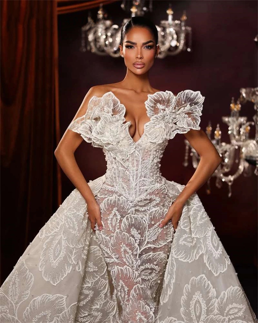 Graceful Wedding Dress Strapless Lace Pearls Mermaid Bridal Gowns Detachable Train Sleeveless Applique Illusion Bride Dresses Customized Vestido de no