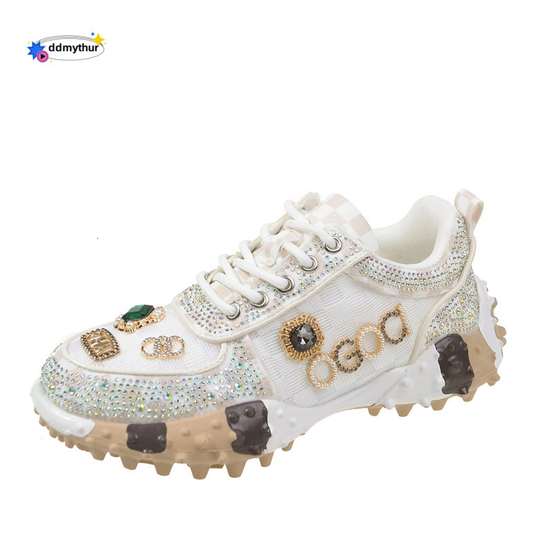 MMG Hot selling Letter rhinestones Fashion Sports Durian Matcake sole Mesh Single Shoes Women's ddmythur