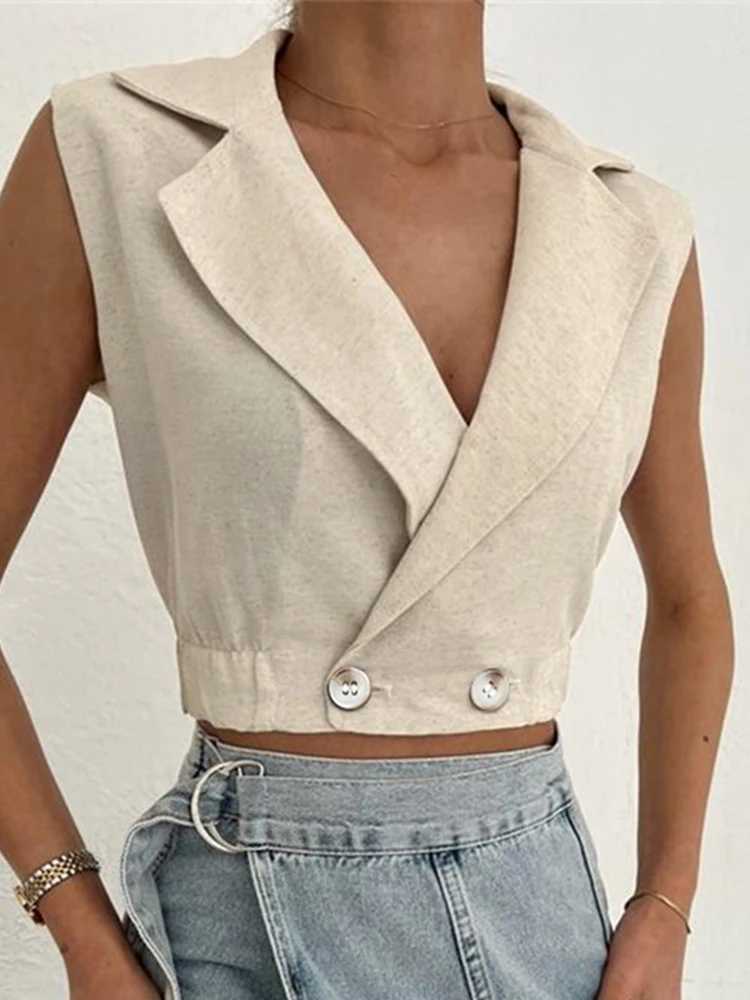 Summer Women Solid Khaki Linen Tank Tops Sleeveless V-neck Vest Crop Tops For Women Female M250513