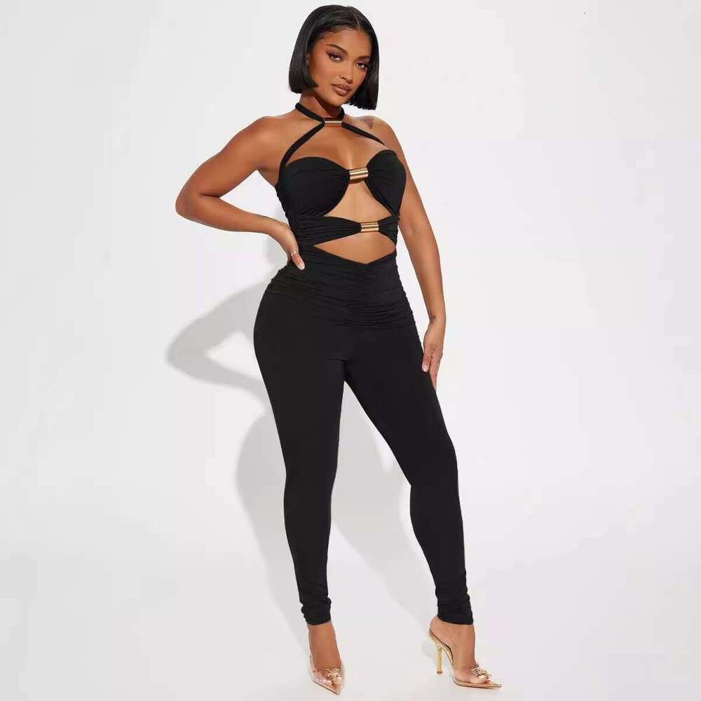 Women's New Personalized Hollowed Out Metal Pipe Splicing With Contrasting Bow Tie Hanging Neck Jumpsuit Shorts B5