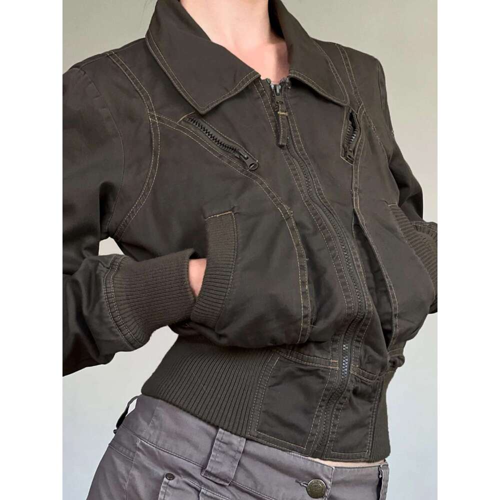 Rockmore Vintage Cropped Jackets for Women Haruku Slim Fit Lapel Zipper Coat Y2K Streetwear Long Sleeve Autumn Outerwear New
