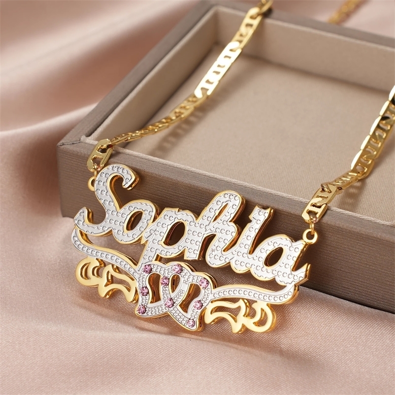 Dascusto Personalized Nameplate Name Necklace Custom 3D Gold Plated Double Diamond Two-Tone Chain For Women 250512