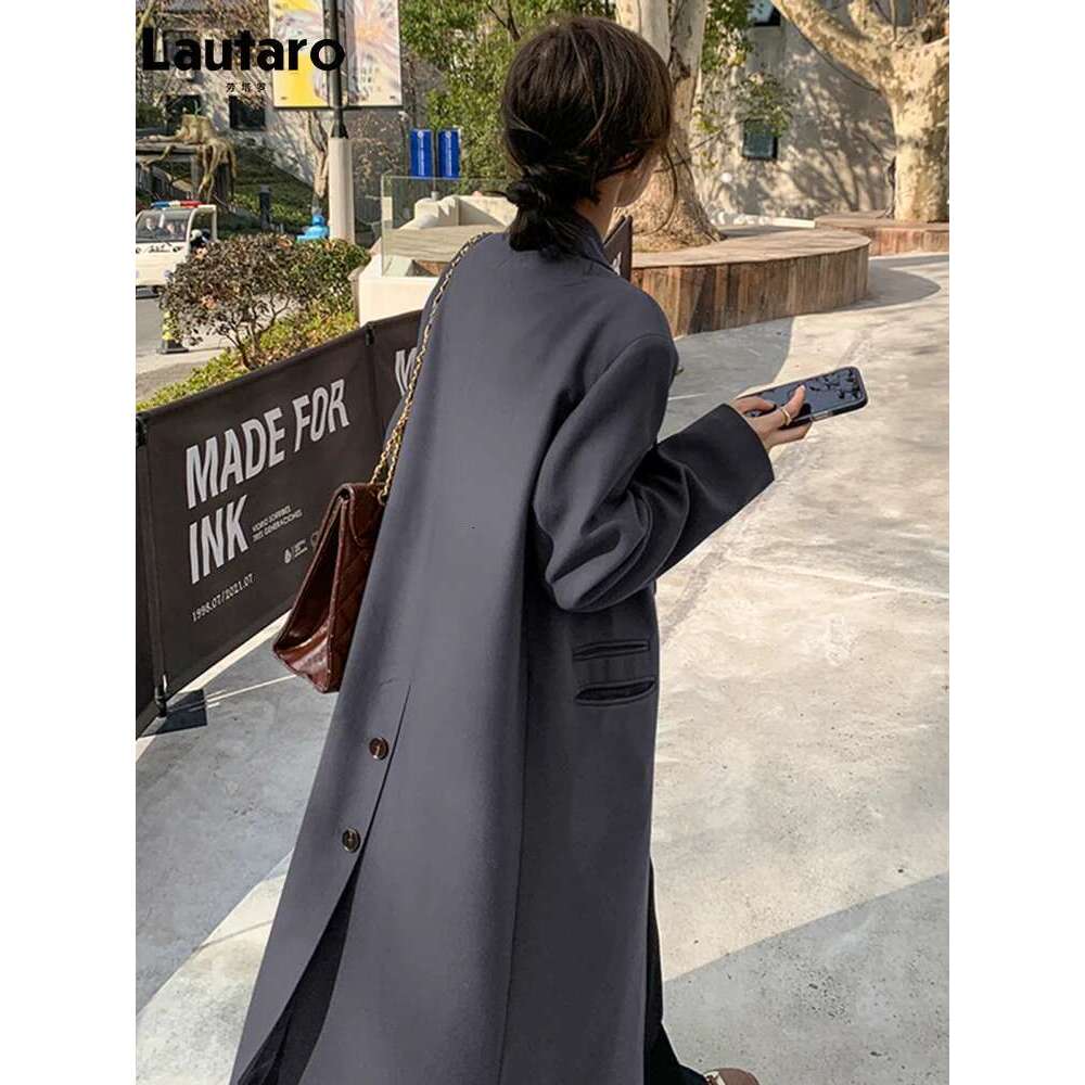 Lautaro Autumn Long Coffee Flowy Blazer Coat Women with Back High Slit Double Breasted Loose Casual Korean Fashion Overcoat 2024