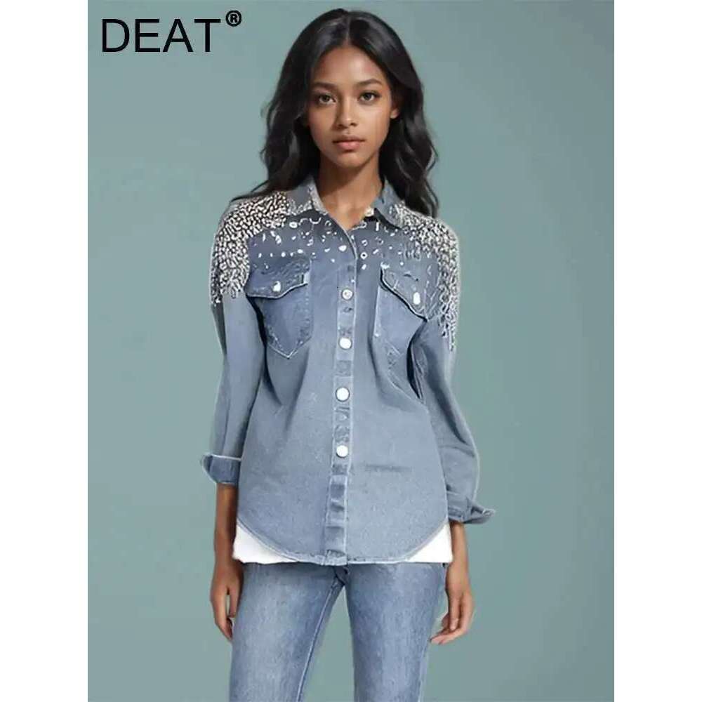 DEAT Fashion Dias Loose Denim Shirts Coat For Women Autumn Trendy New Lapel Long Sleeve Pockets Jacket Females 29L7920